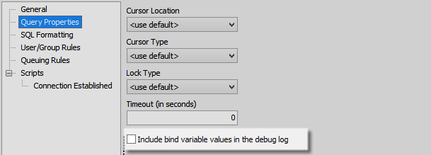 Query Properties screen in the ADO connection showing new option - Include bind variable values in the debug log